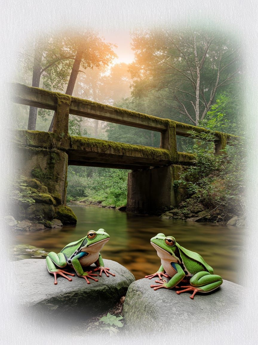 Mossy Bridge with Frogs in Pastel Style
