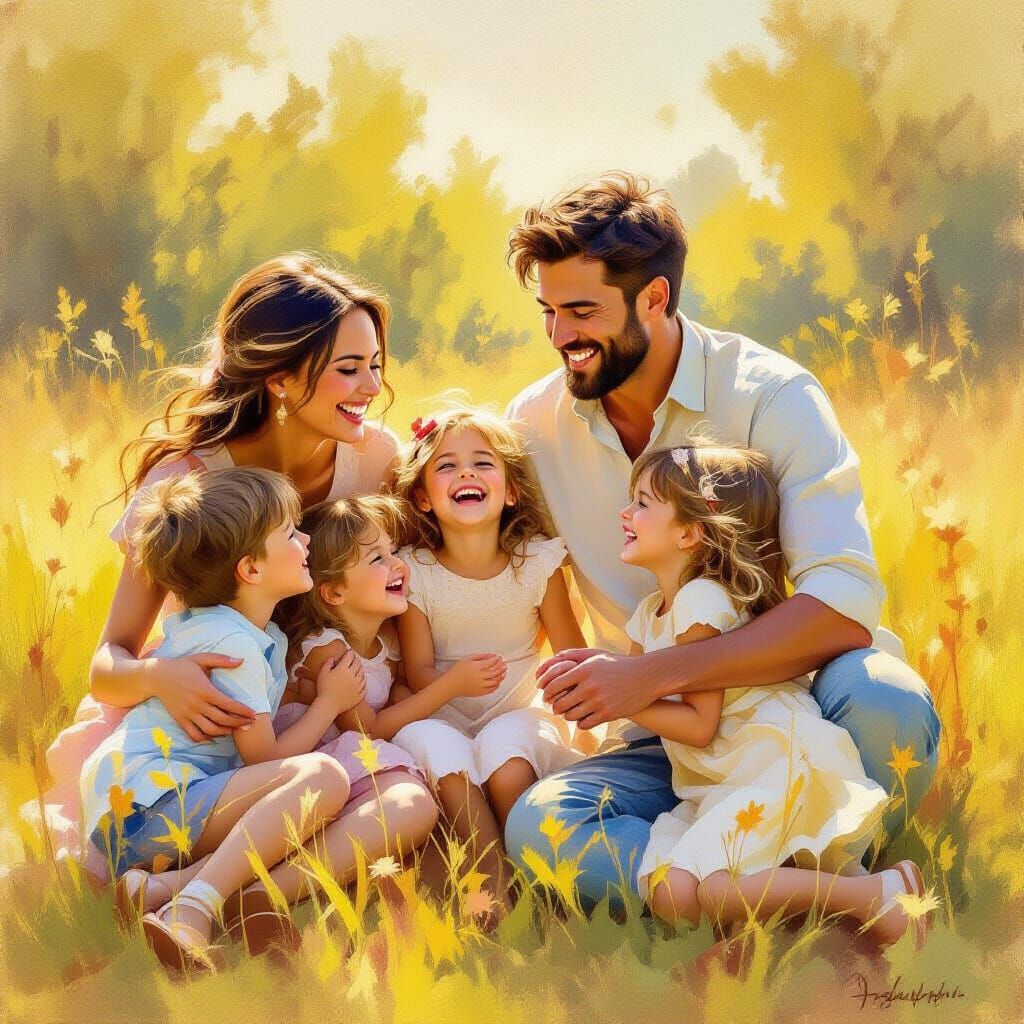 Joyful Family of Five in Sunlit Meadow