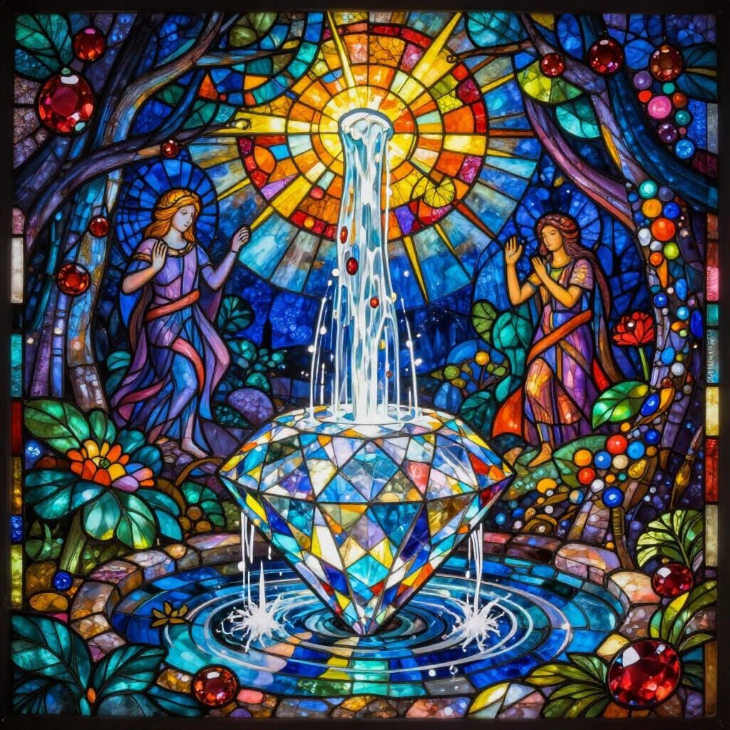 Vibrant Diamond Light in Grotto: Stained Glass Art