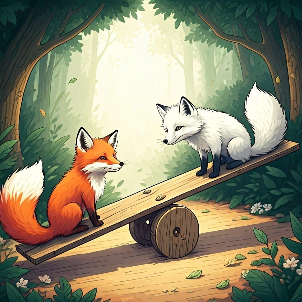 Foxes on a Seesaw in Watercolor Illustration Style