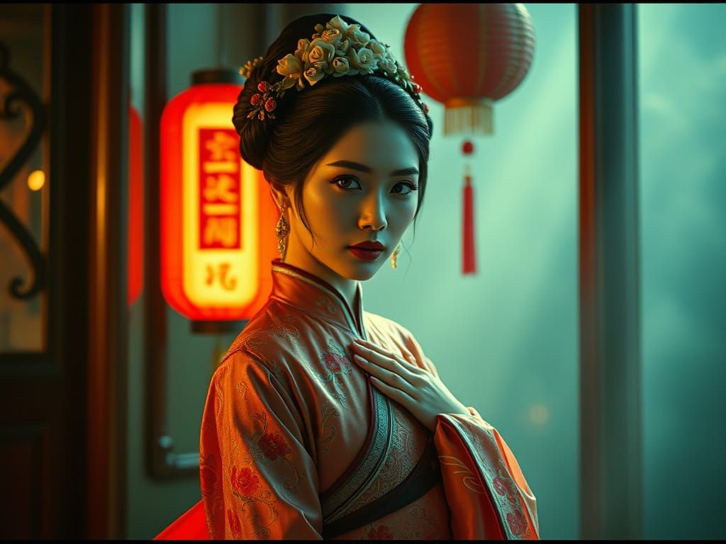 Elegant Rose Queen in Embroidered Silk