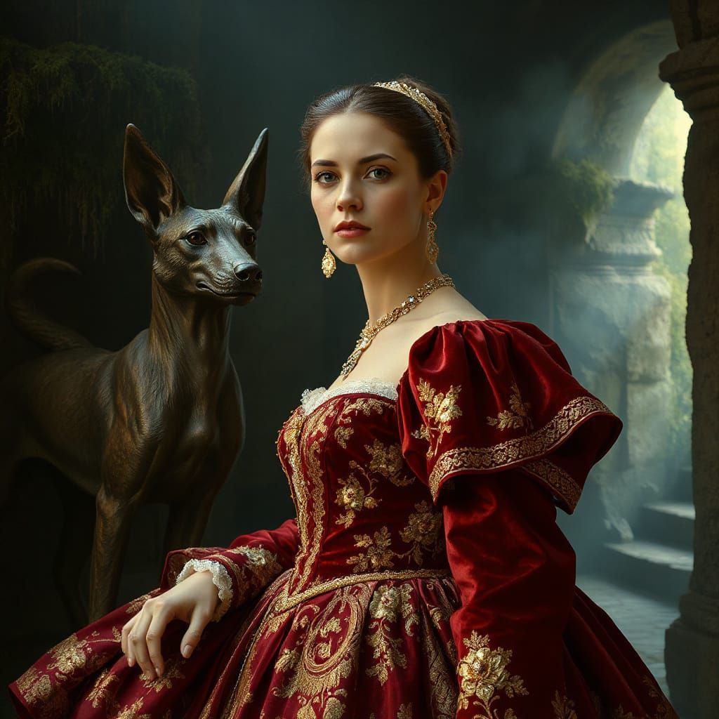 Ethereal Lady and Anubis in Ancient, Mystical Setting