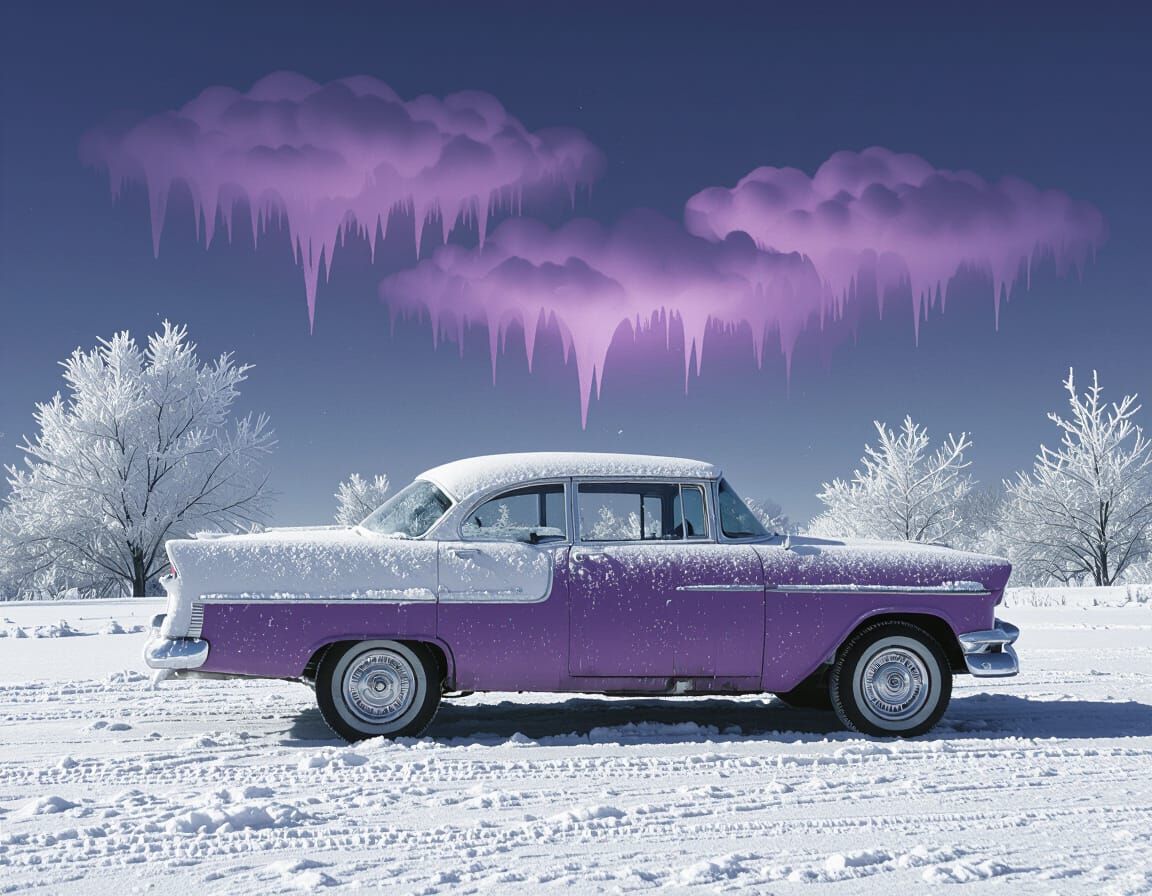 Frosted Vintage Car with Purple Glow in Melting Clouds