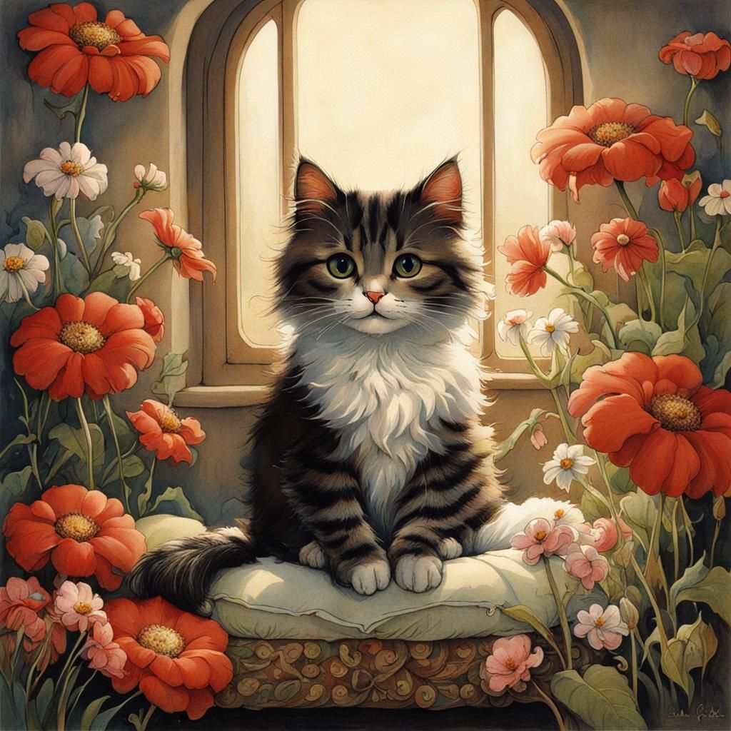 Cat with Flowers in Whimsical Fairytale Style