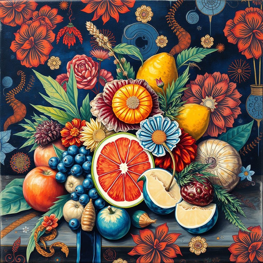 Hokusai-Inspired Still Life in Gouache Style