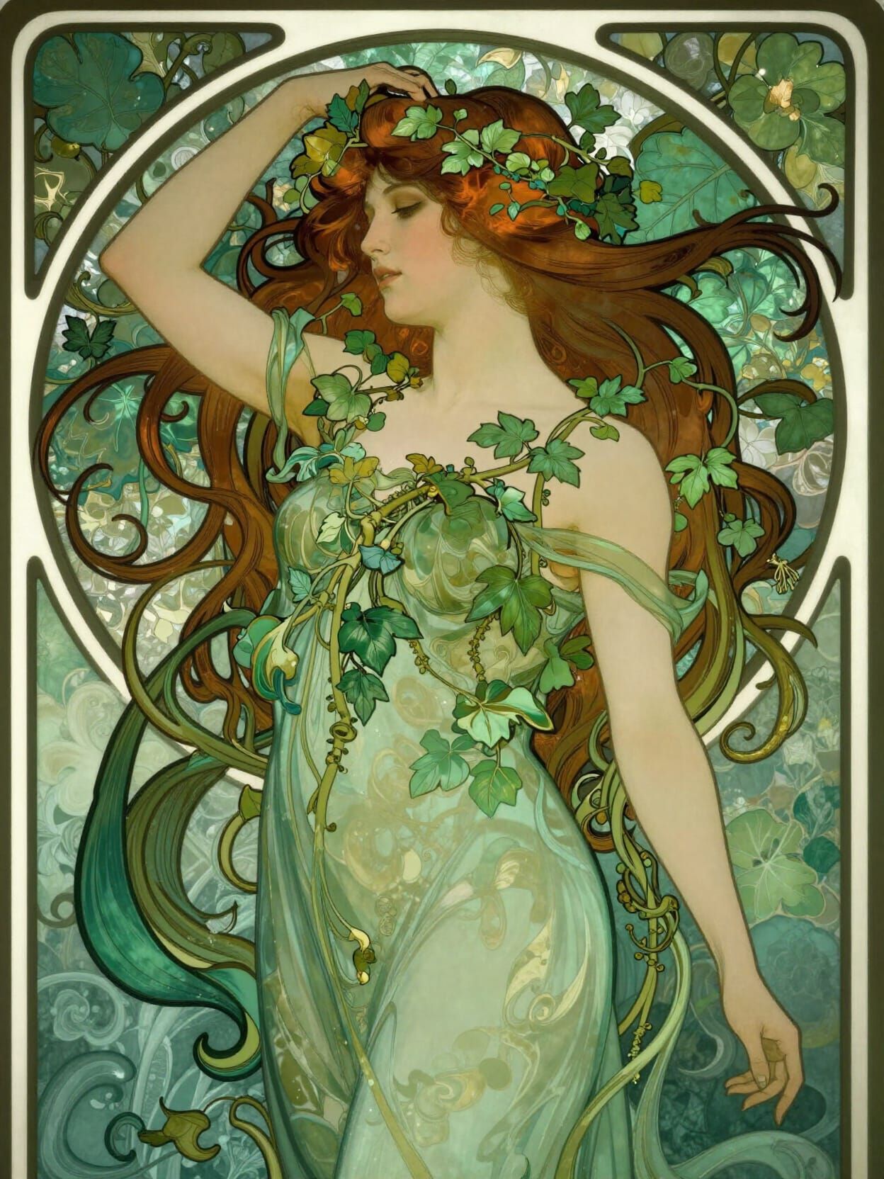 Art Nouveau Portrait of Ethereal Woman with Vine Hair