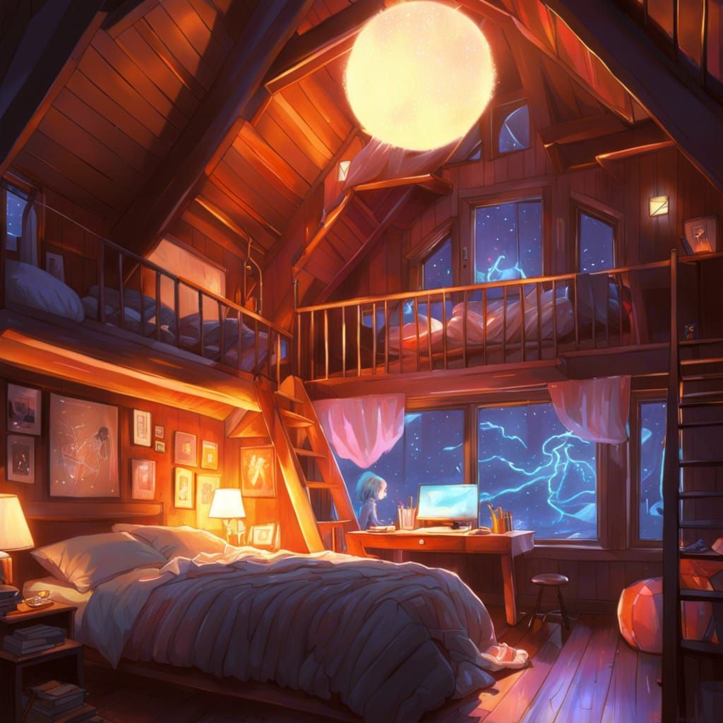 Dreamy Cabin Interior with Glowing Nature Outside