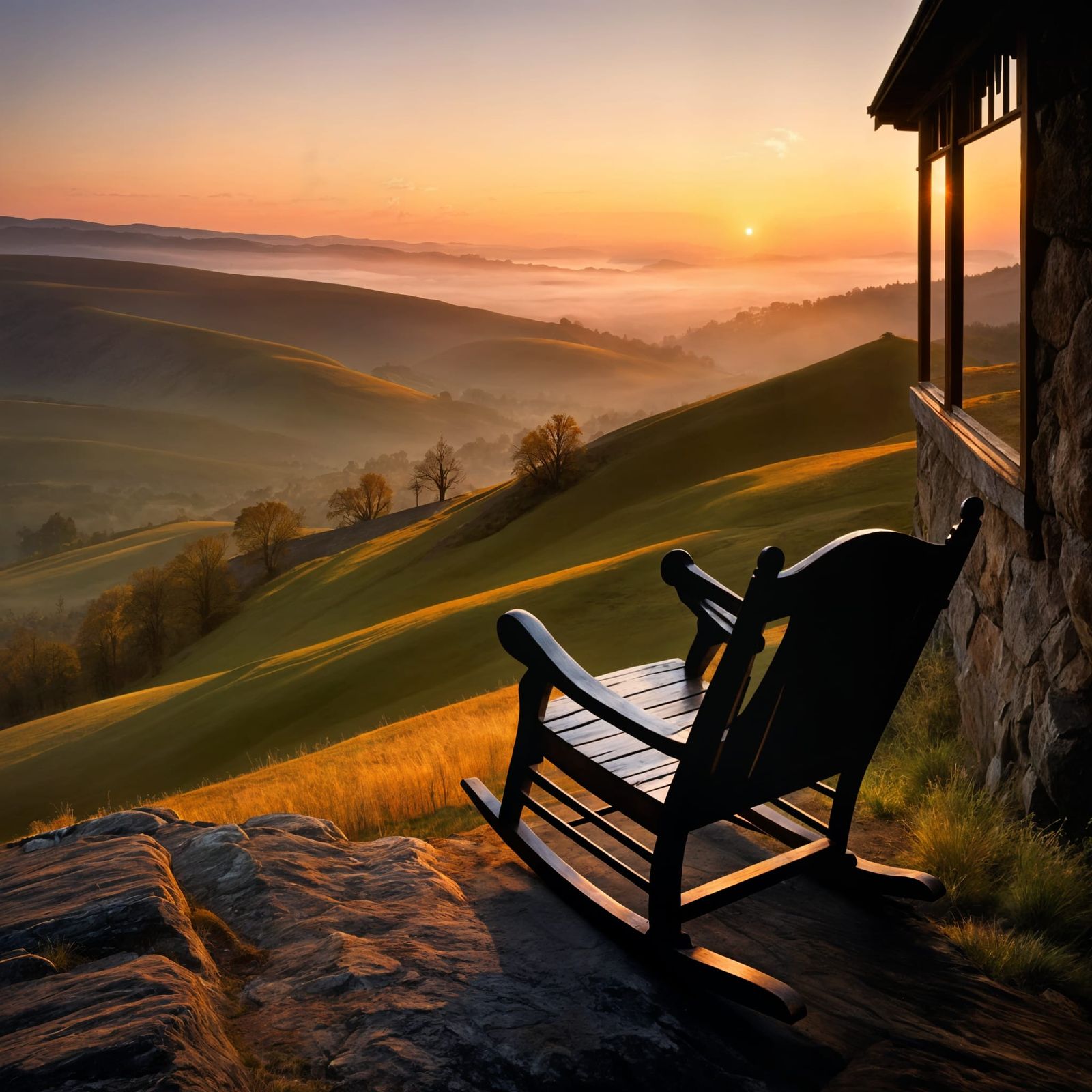 Empty Rocking Chair Overlooks Valley at Twilight