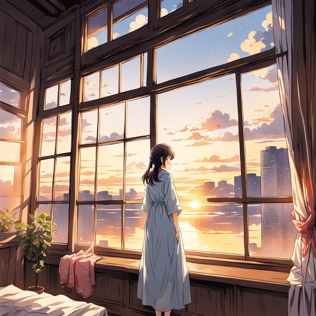 Anime Girl Watches Sunrise Through Window