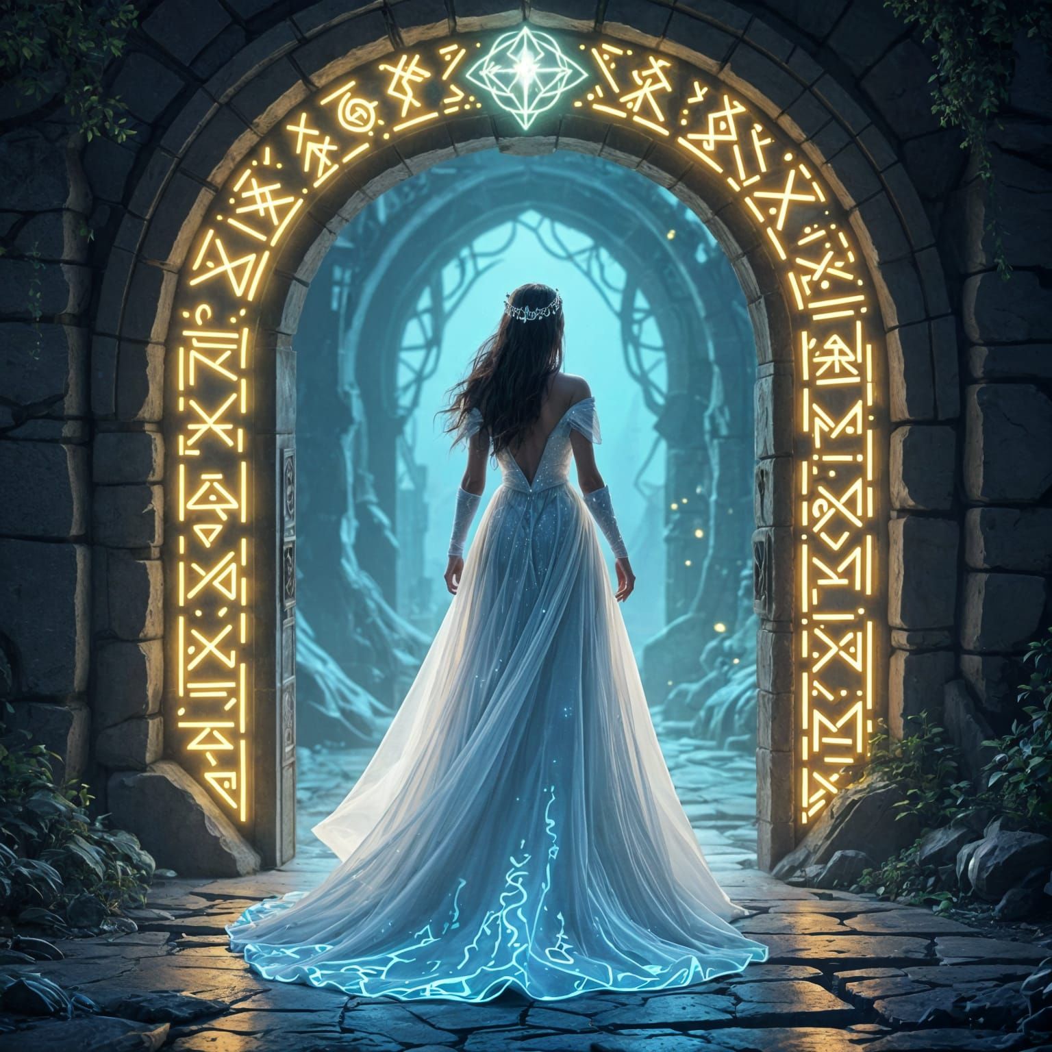 Queen Walks Through Luminous Magic Portal