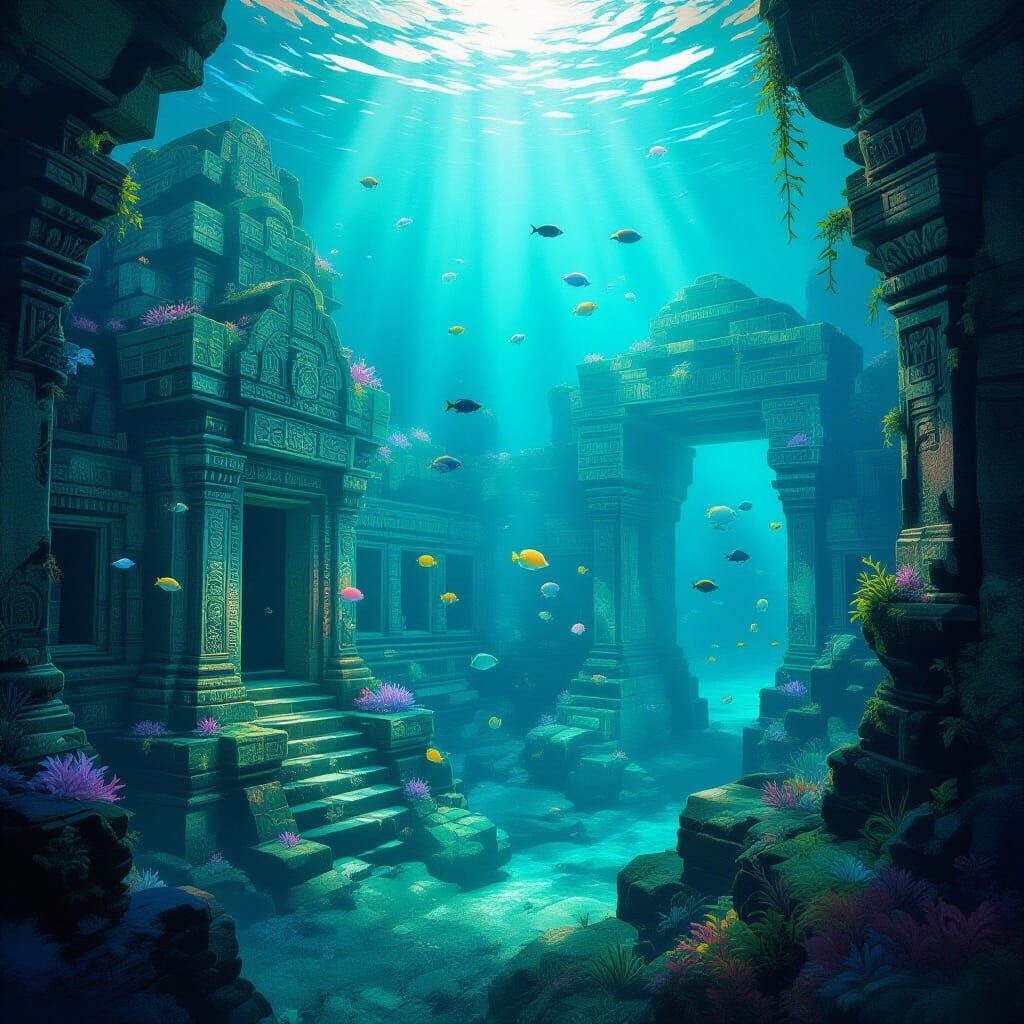 Sunken Temple with Bioluminescent Marine Life