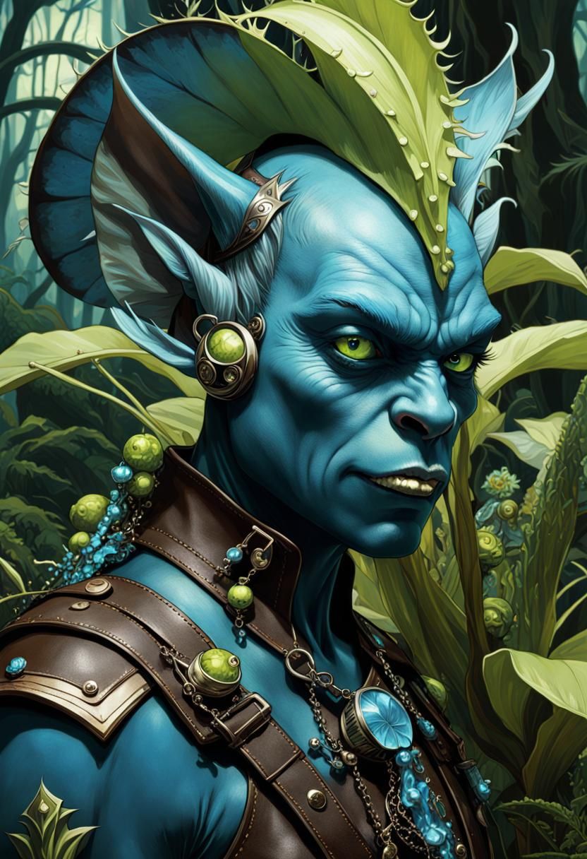 Blue Goblin Warlock in Carnivorous Forest, Photorealistic