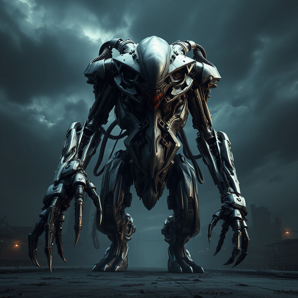 Colossal Bio-Mechanical Entity in Cyberpunk Cityscape