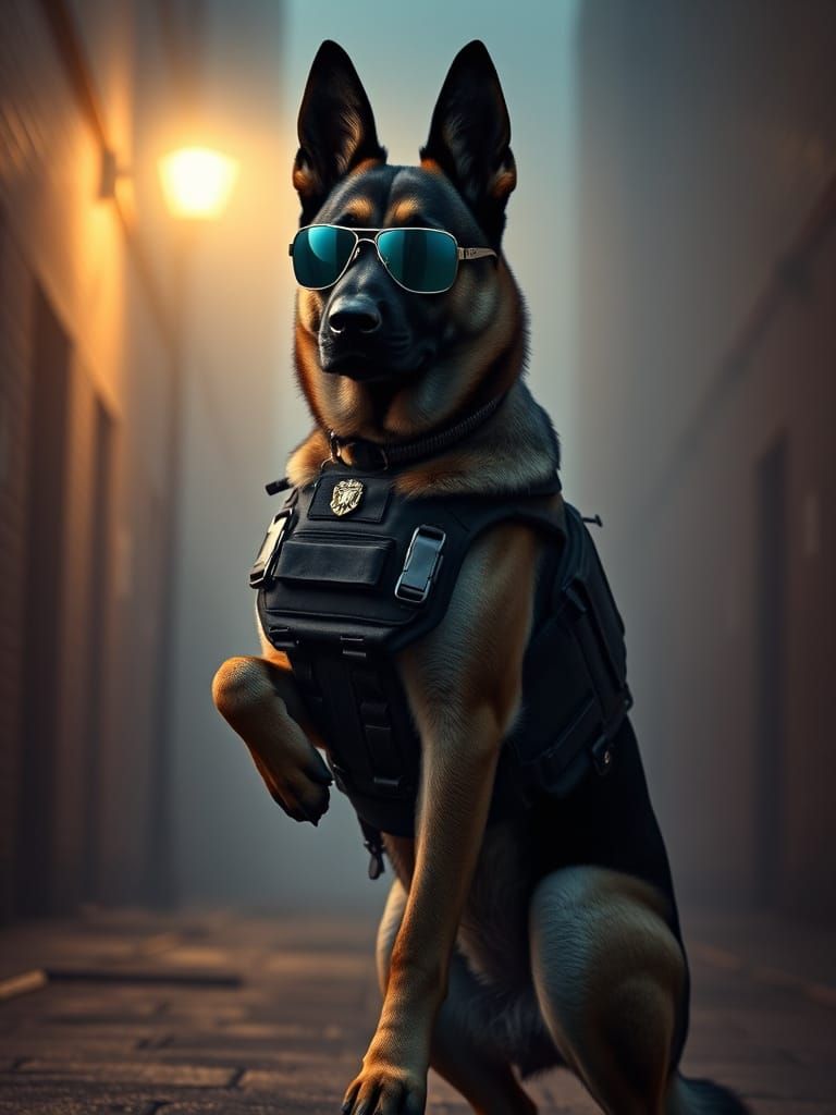 Hyper-Realistic Police Dog in Foggy City Alley