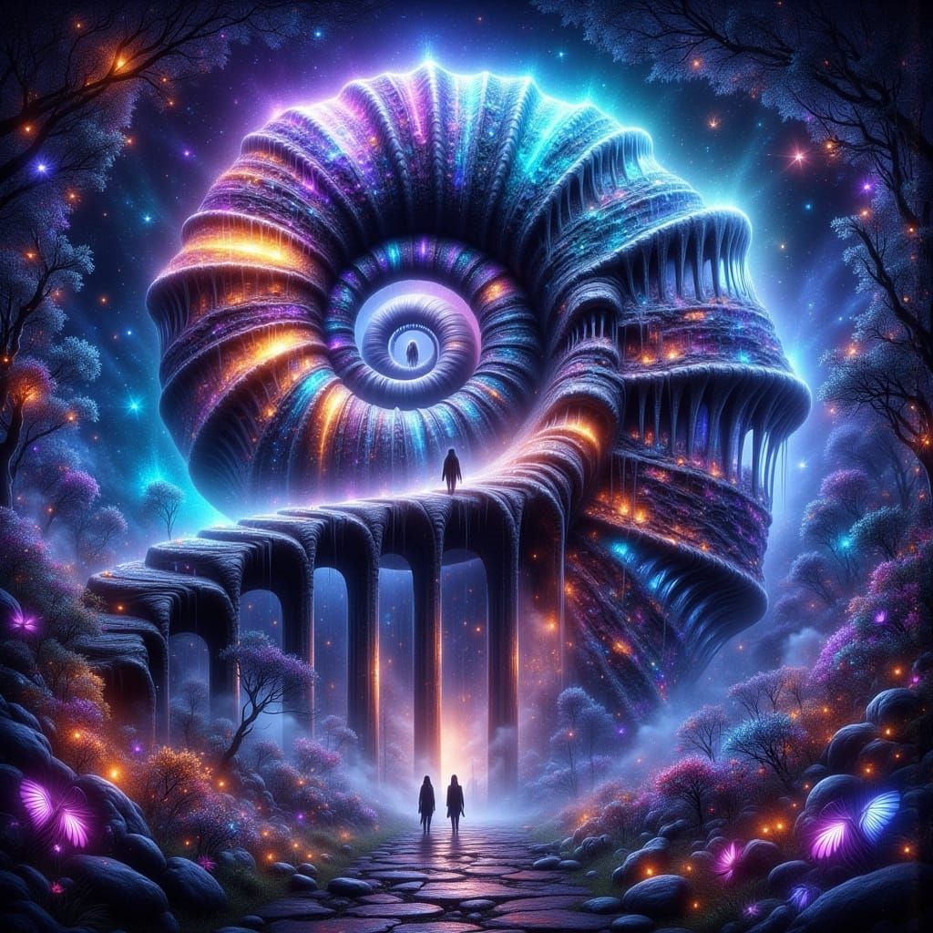 Hyperrealistic Spiral Bridge in Vibrant Neon Colors