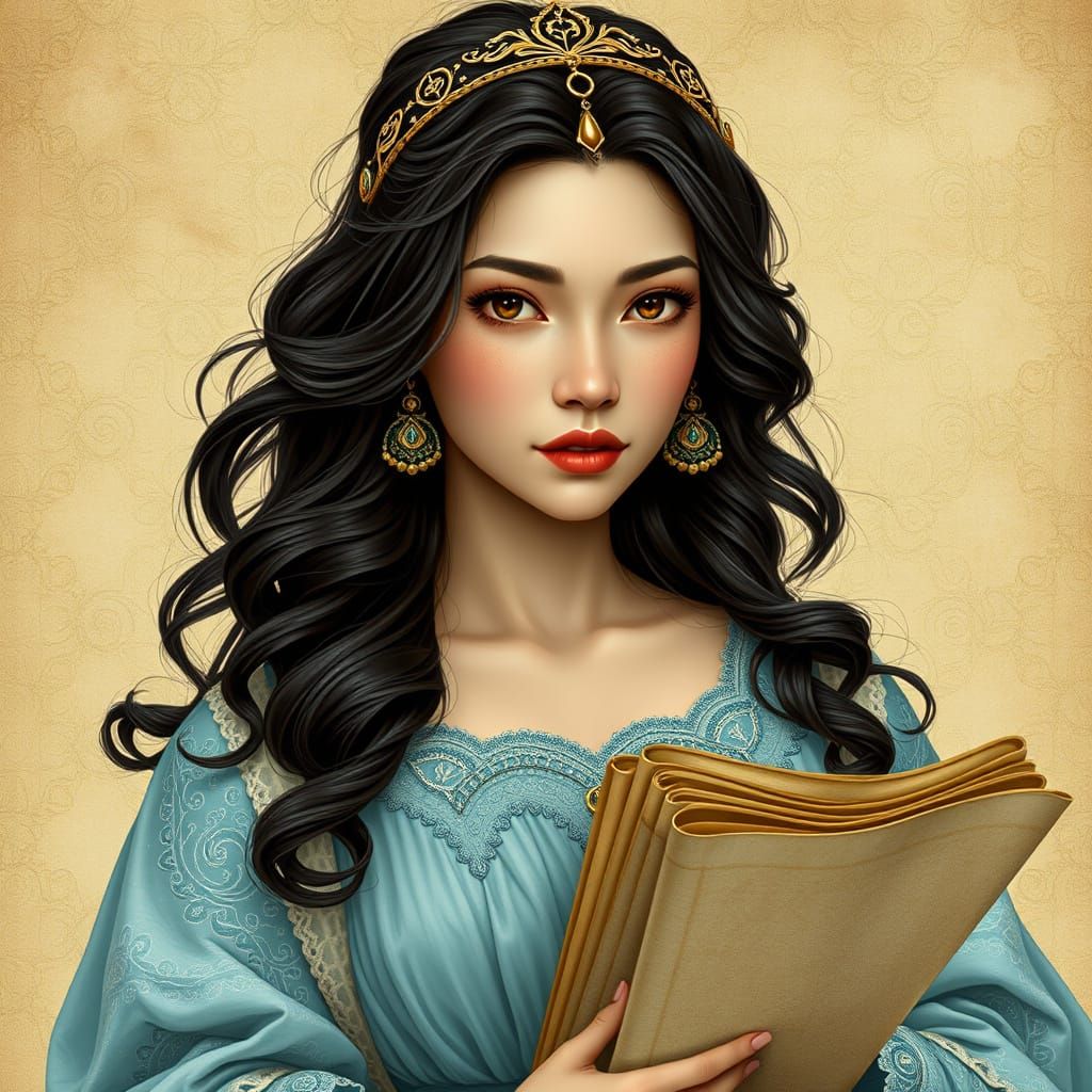 Medieval Woman with Scrolls in Art Nouveau Style