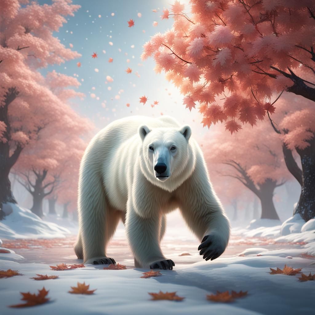 Polar Bear Among Falling Blossoms