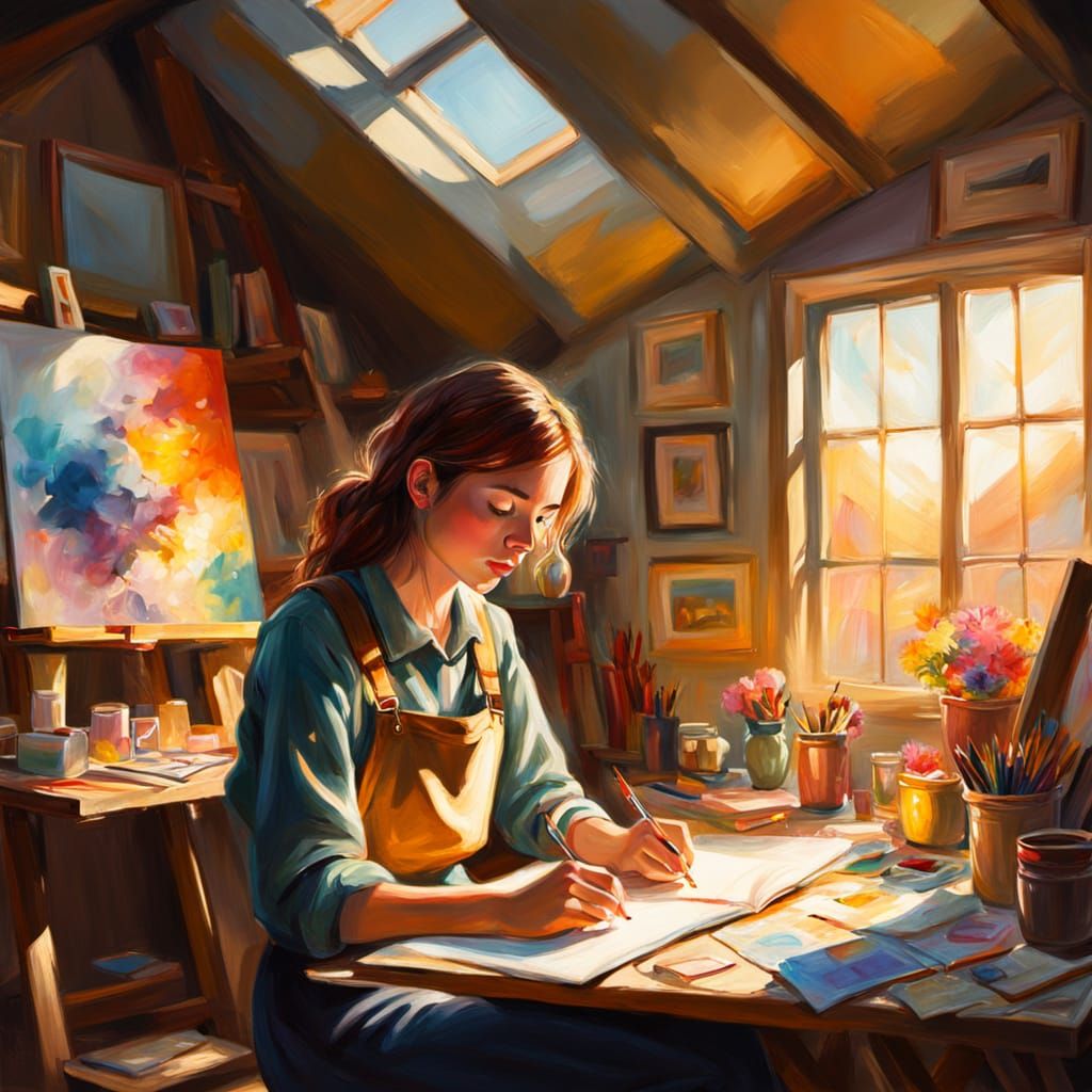 Nostalgic Attic Studio Scene in Vibrant Oil Painting