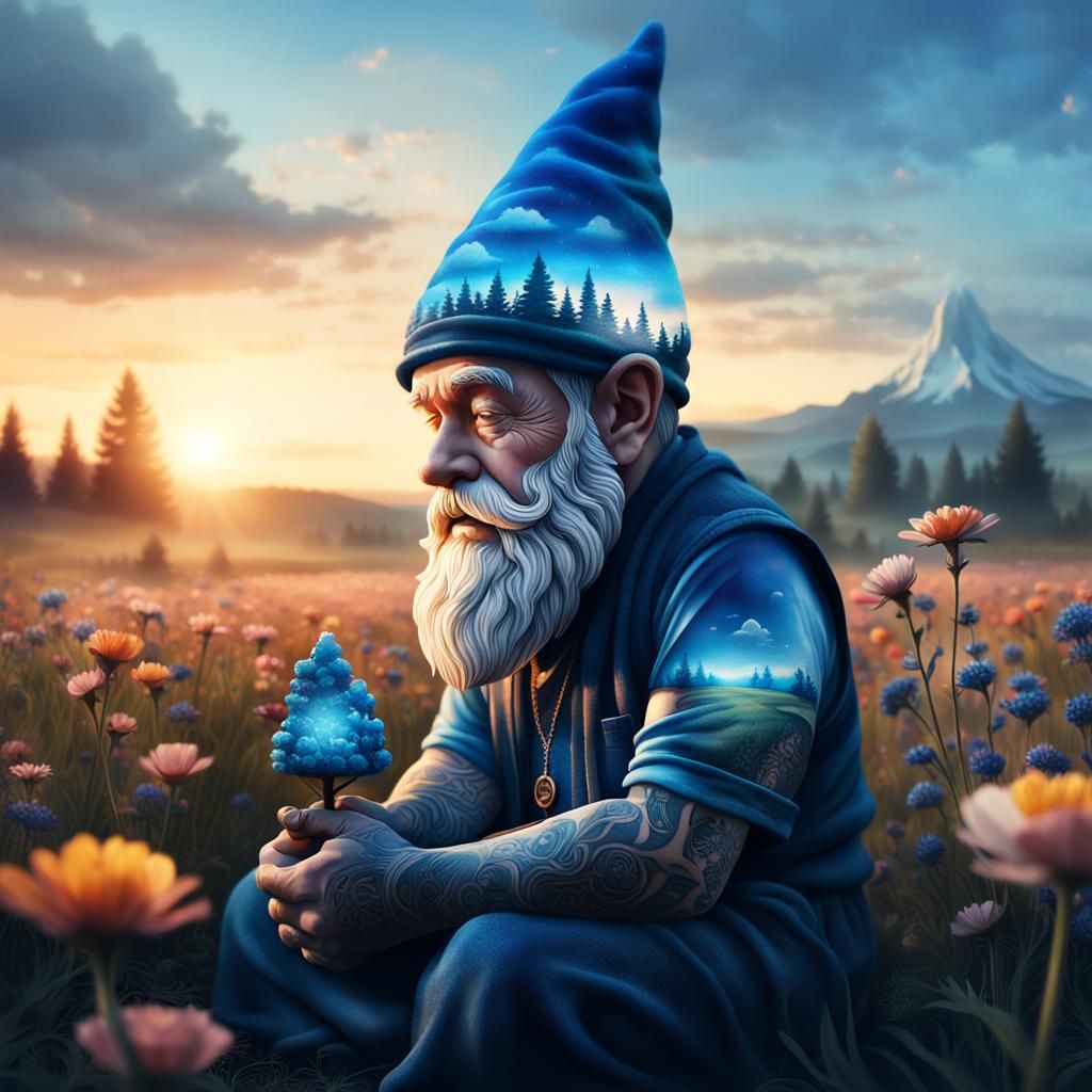 Gnome in Prayer with Floral Landscape, Digital Art