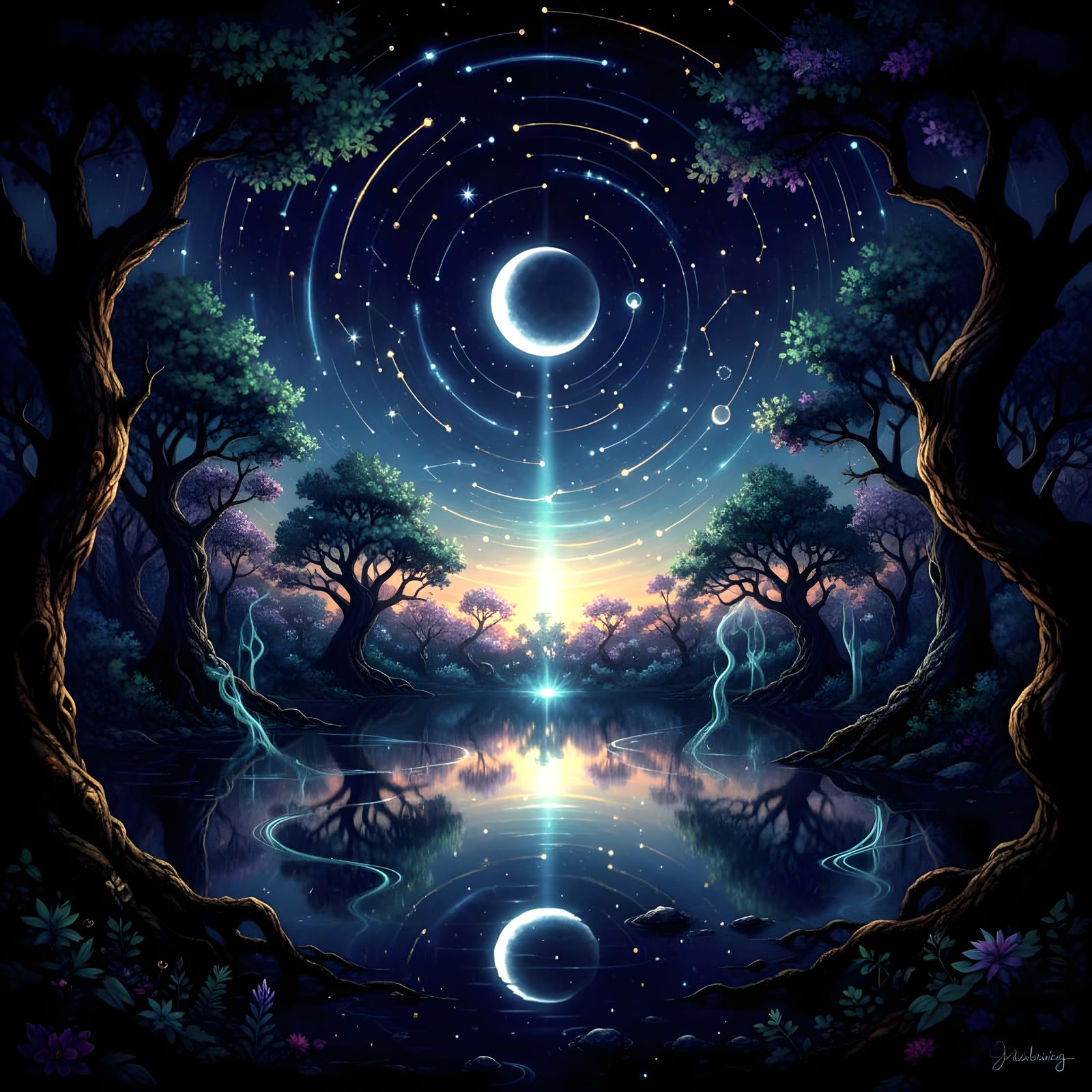 Enchanted Twilight Lake with Double Moon