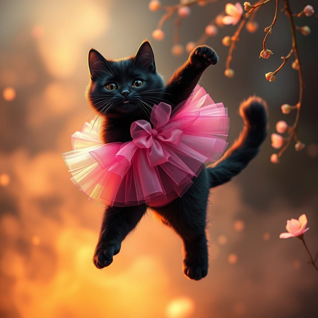 Majestic Black Cat Dances in a Whimsical Dreamscape