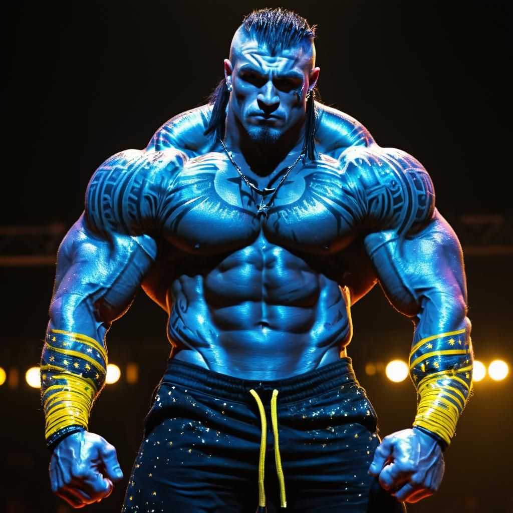 Goth Punk Bodybuilder Flexing Under Spotlight