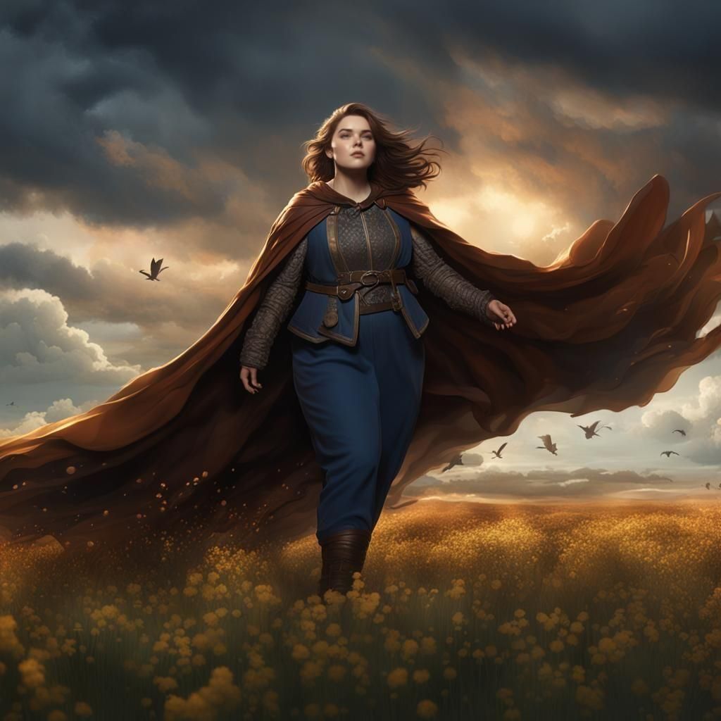 Woman with Cape Walking Through Field: Fantasy Concept Art