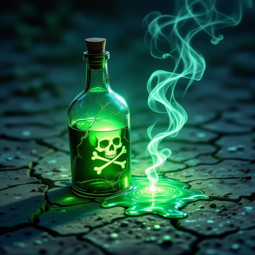 Eerie Glowing Poison Bottle as Spectral Skull