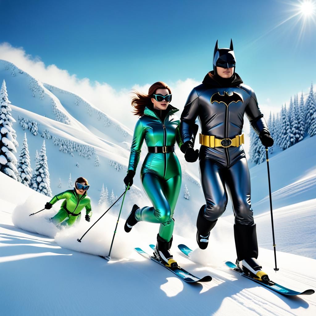 Batman and Robin in Shiny Ski Suits
