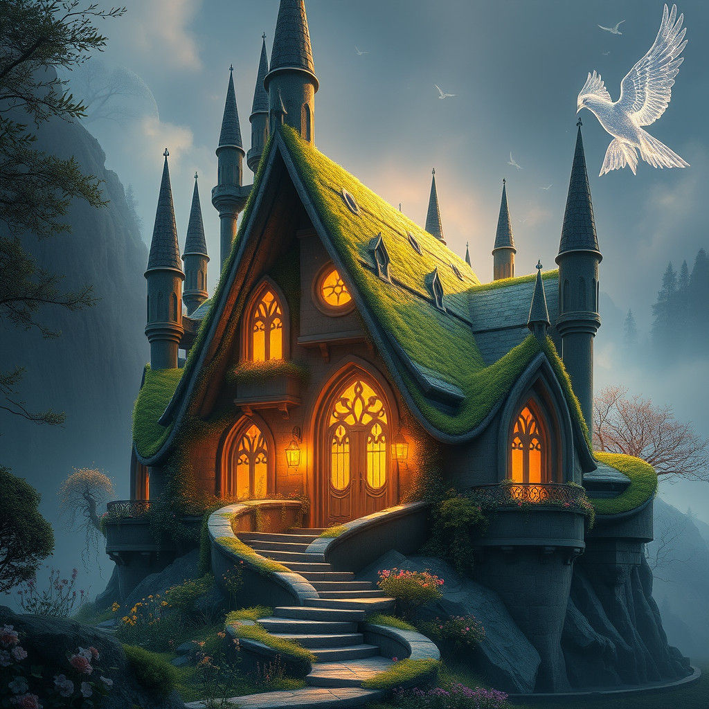 Mystical Home Radiating Faith in Dreamlike Landscape