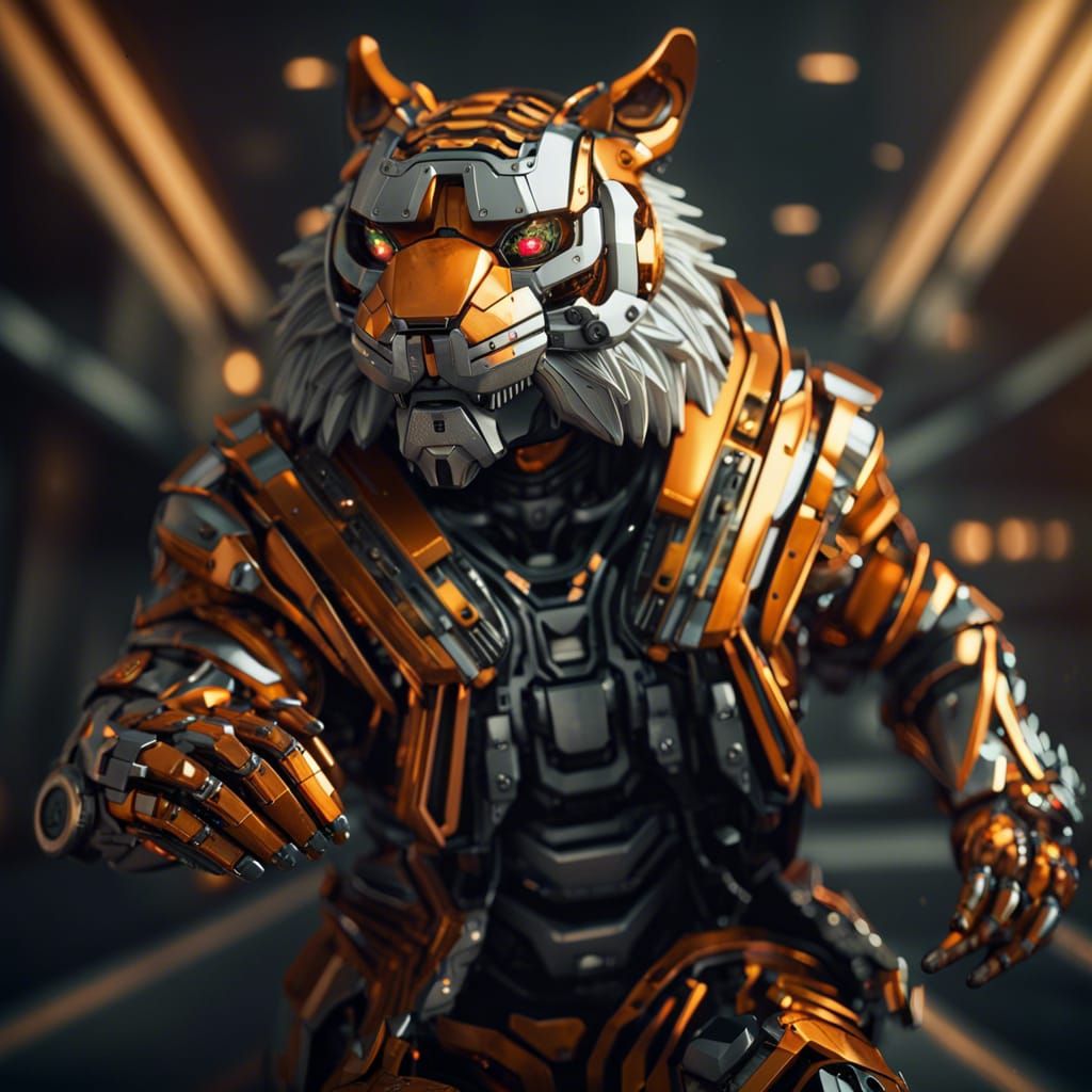 Futuristic Tiger Man in Sci-Fi Mech Suit