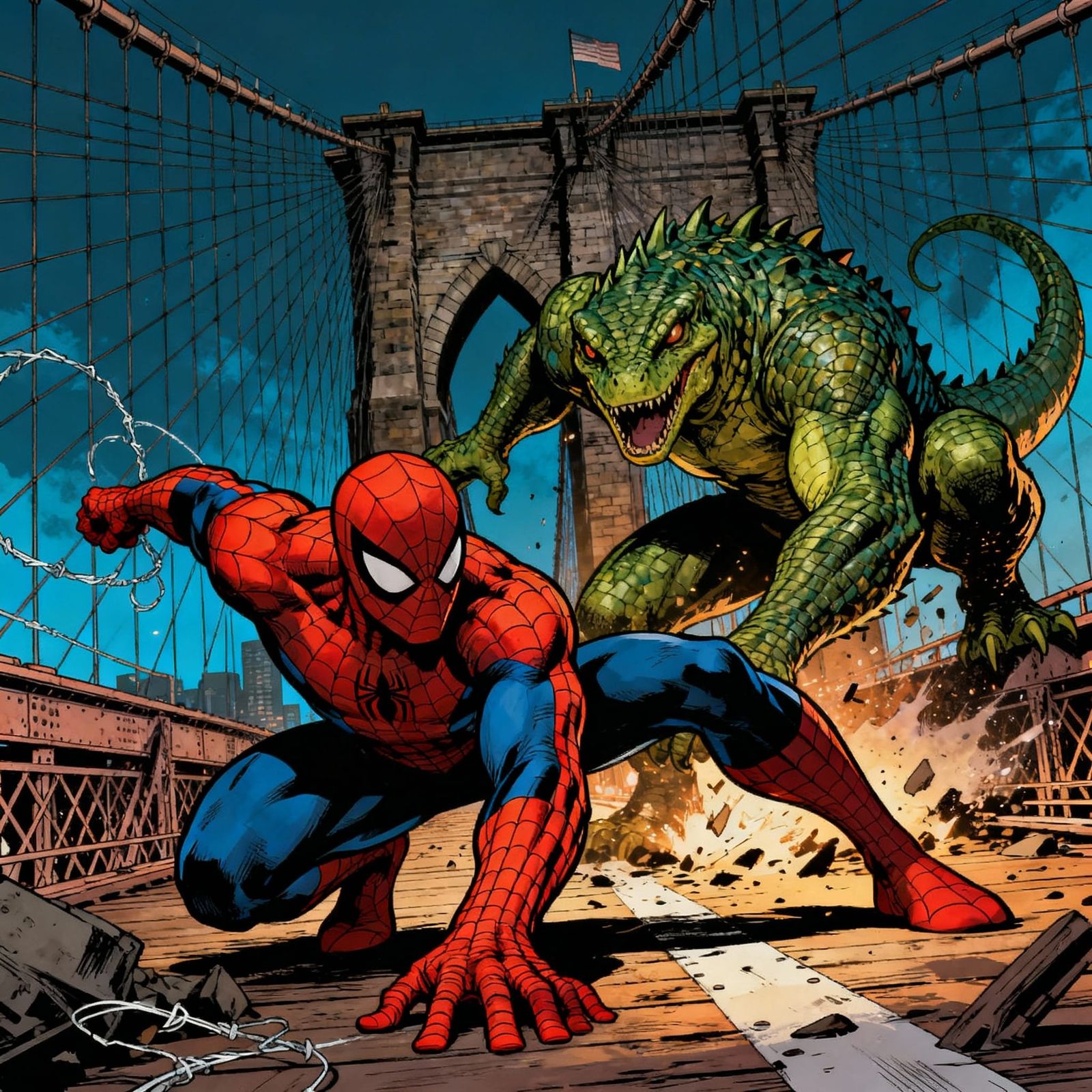 Spider-Man vs Lizard on Brooklyn Bridge Comic Art