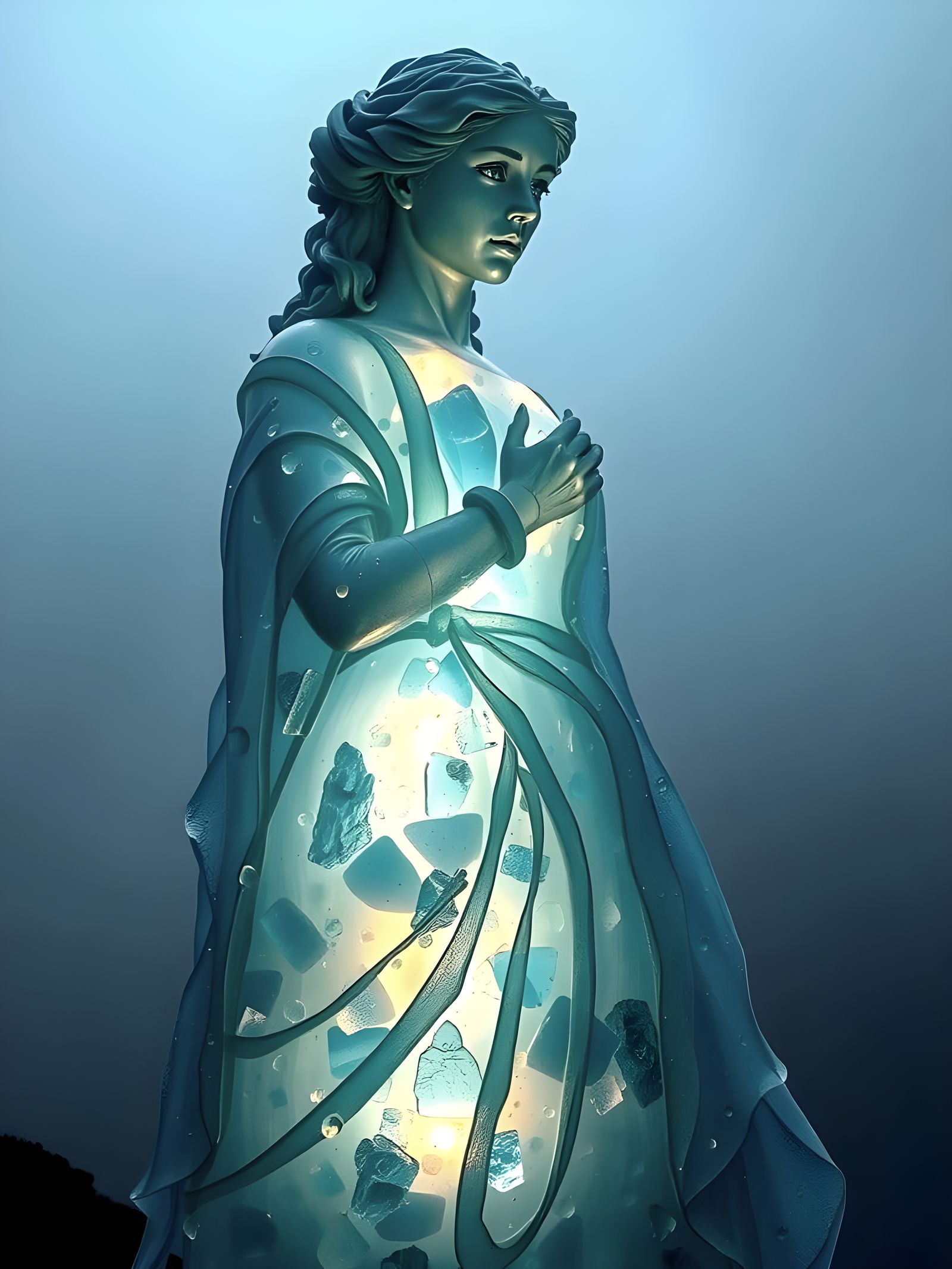 Glowing Blue Seaglass Sculpture of Woman in Foggy Landscape