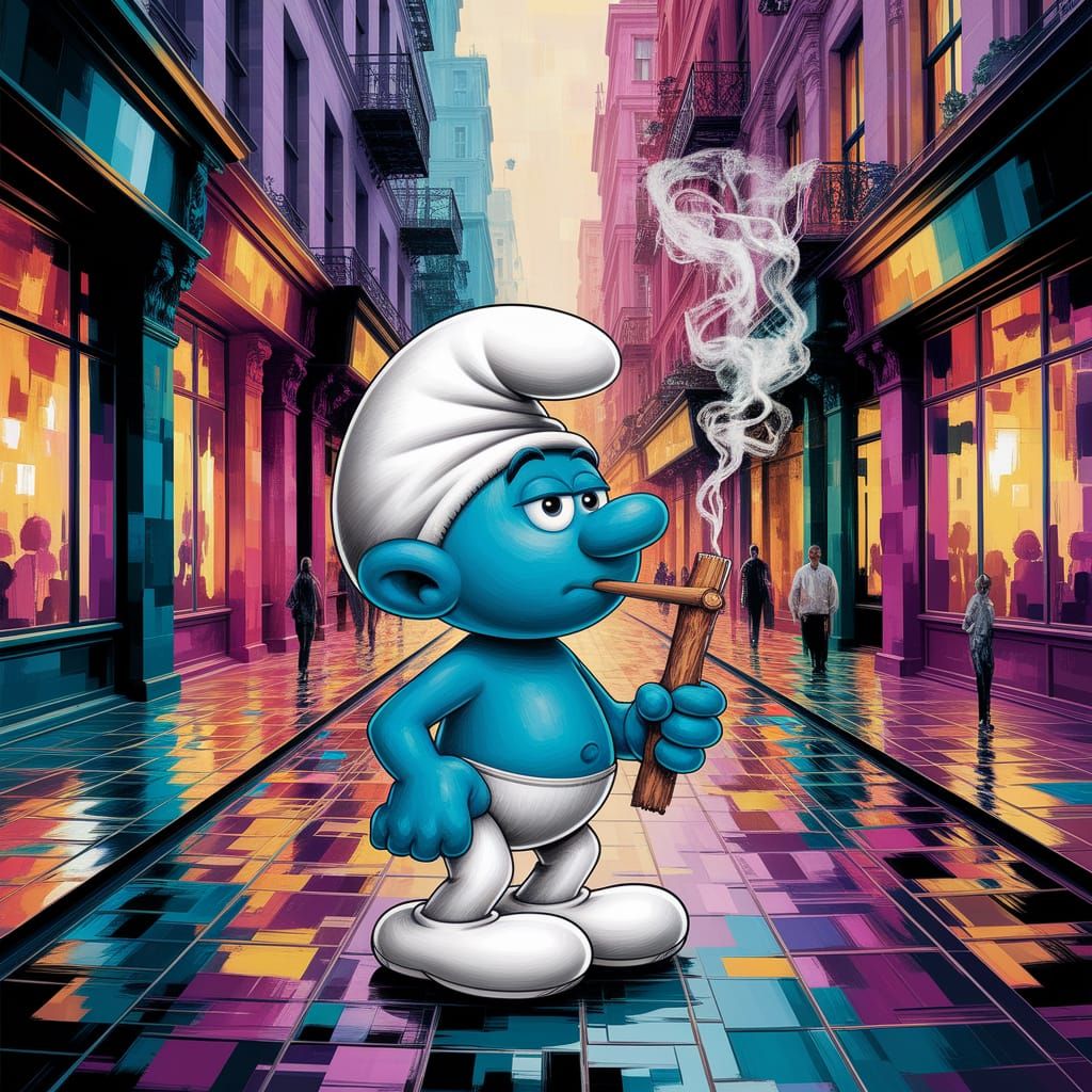 Turquoise Smurf Smoking in Gouache Impressionist Cityscape