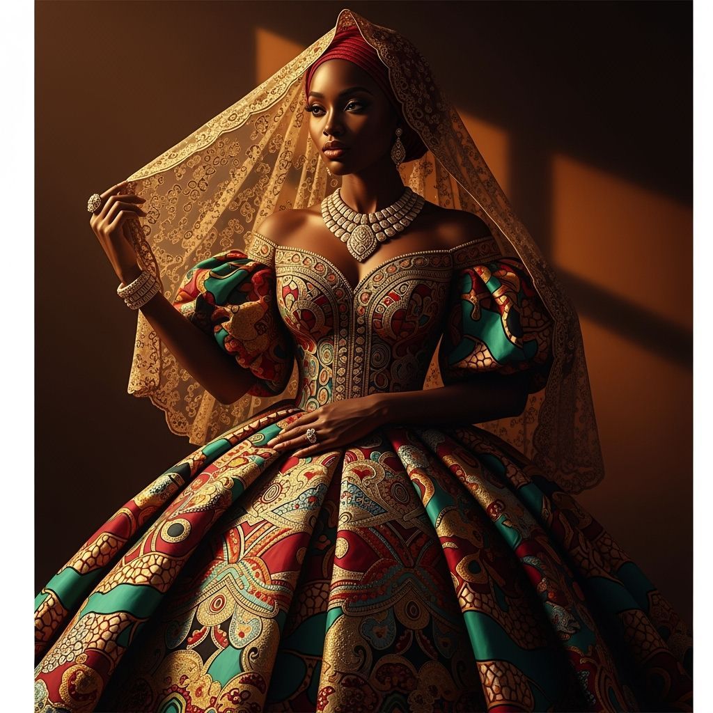 Majestic African Woman in Ankara Ball Gown with Veil
