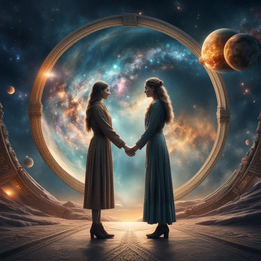 Two Women Holding Hands in Space