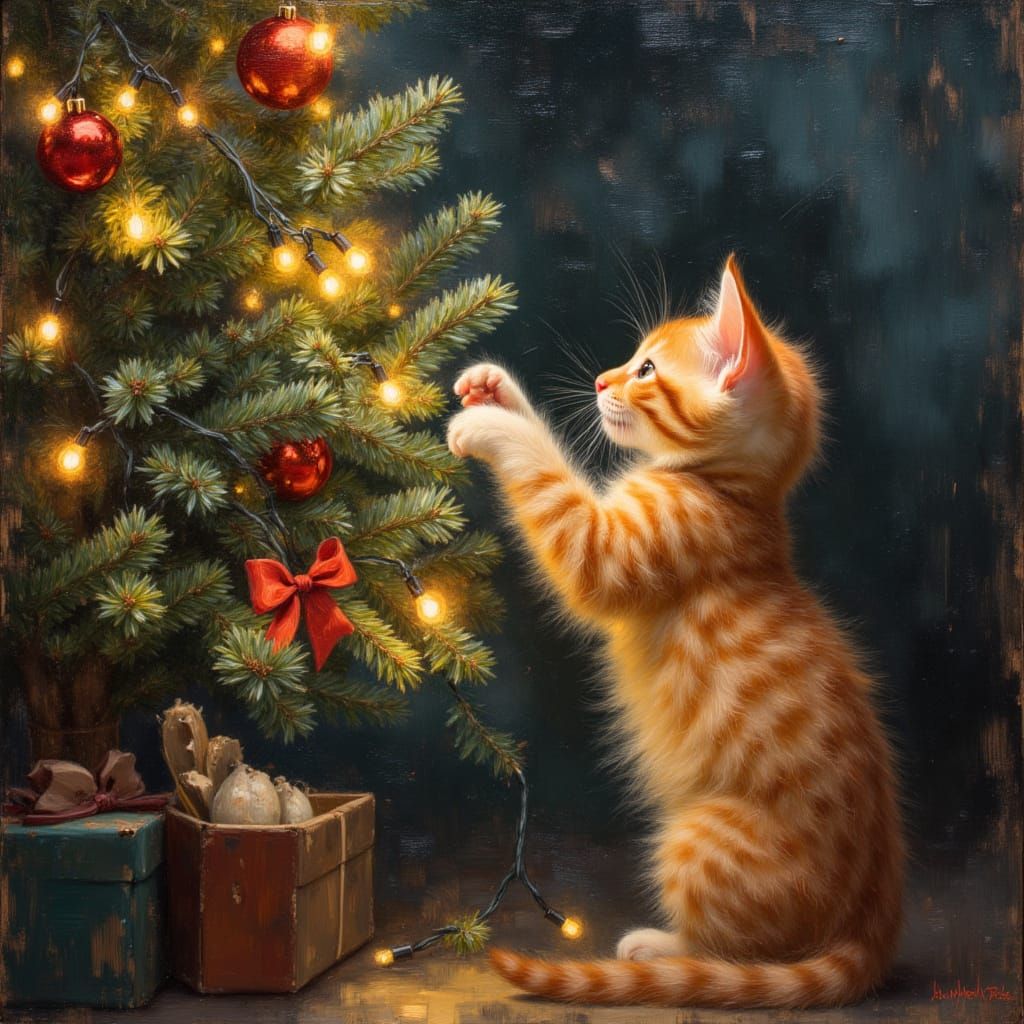 Ginger Kitten Plays with Christmas Lights
