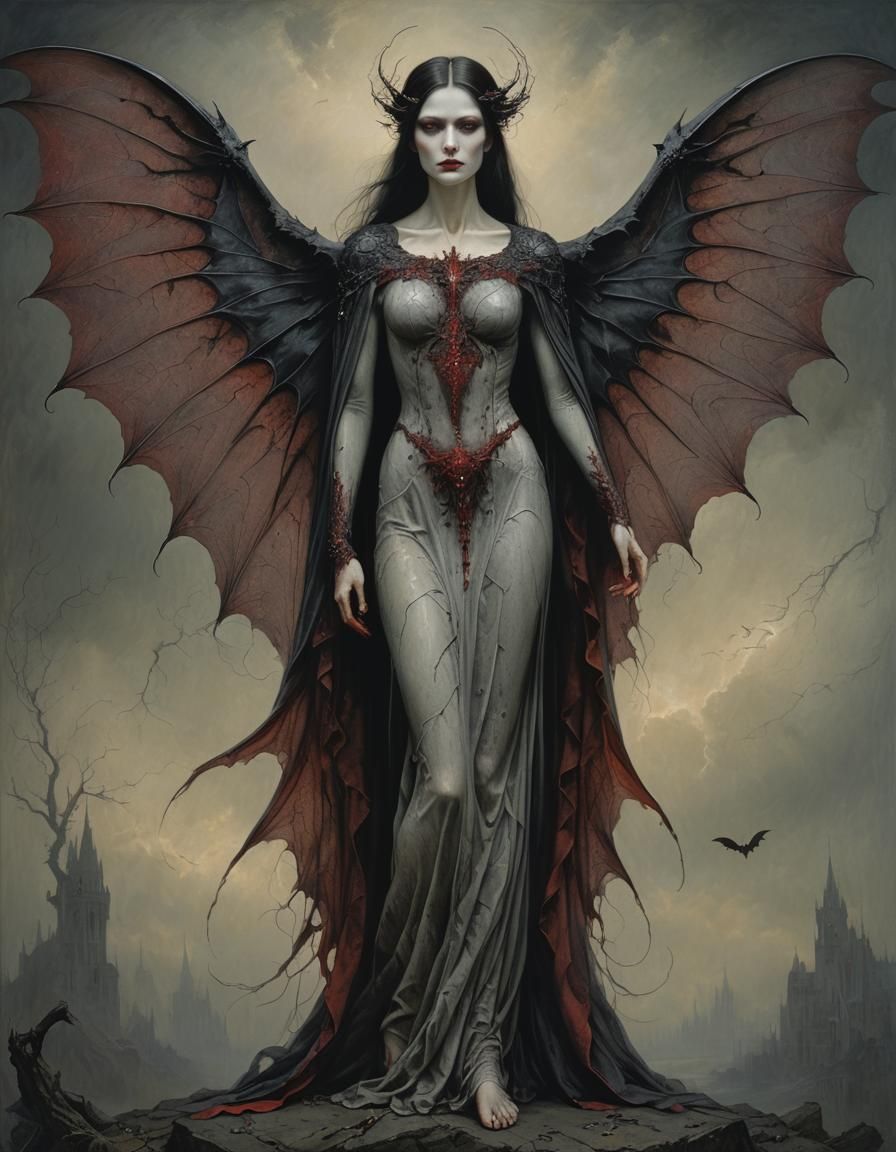 Fae Vampire Woman with Bat Wings in Gothic Style