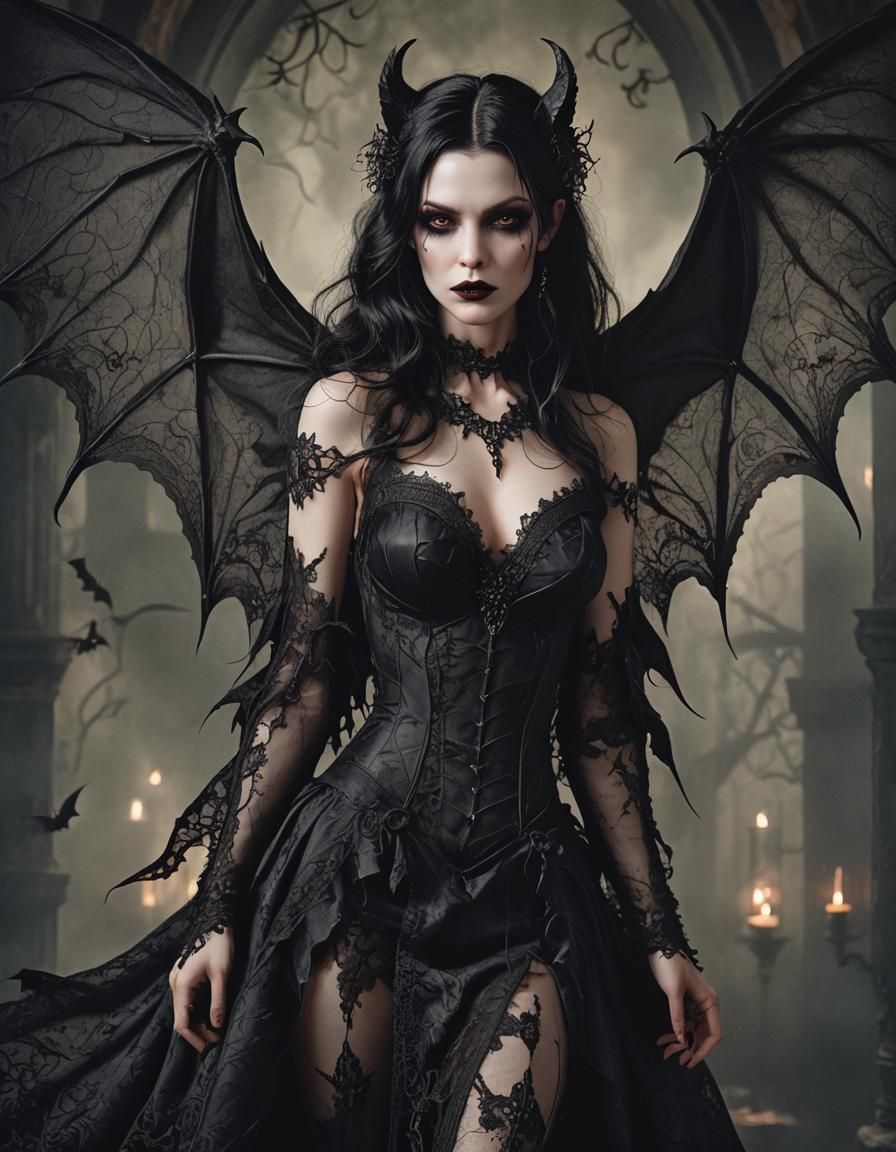 Fae Vampire Woman with Bat Wings in Victorian Setting