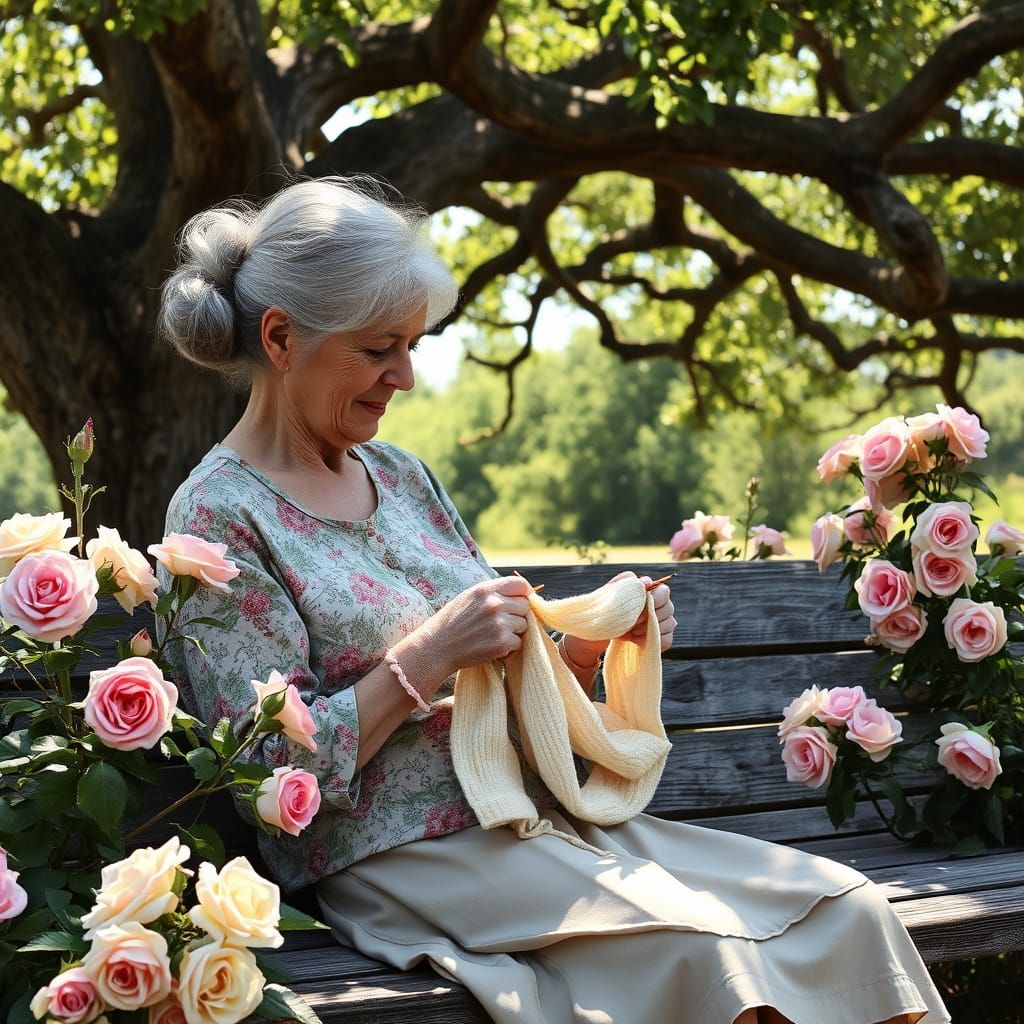 Elderly Woman Knitting in Garden Oasis