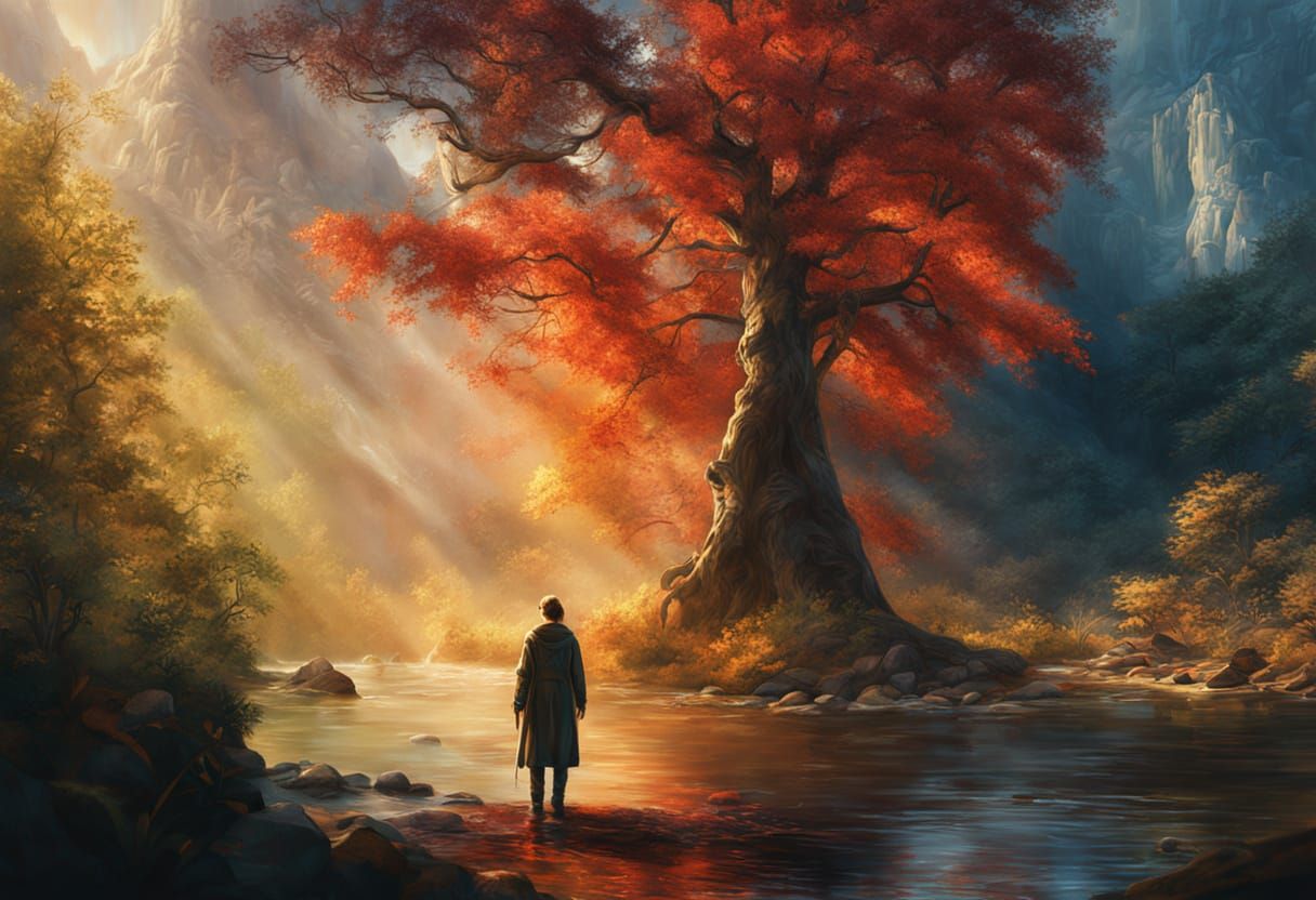 Woman in Red Coat in Autumn Forest Landscape