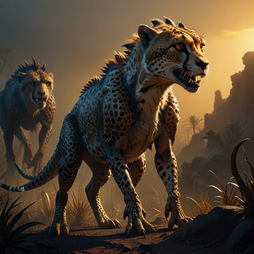 Sinister Cheetah Monkey Spinosaurus Hybrid in Dark Fantasy