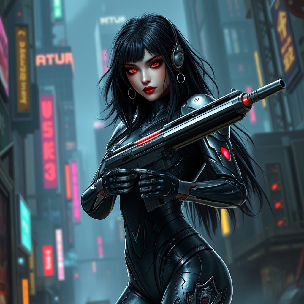 Gothic Femme Fatale in Cyberpunk Metropolis