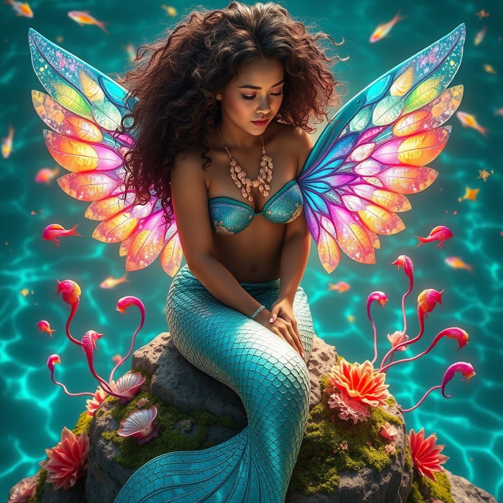 Ethereal Mermaid in Turquoise Tail, Surrounded by Vibrant Se...