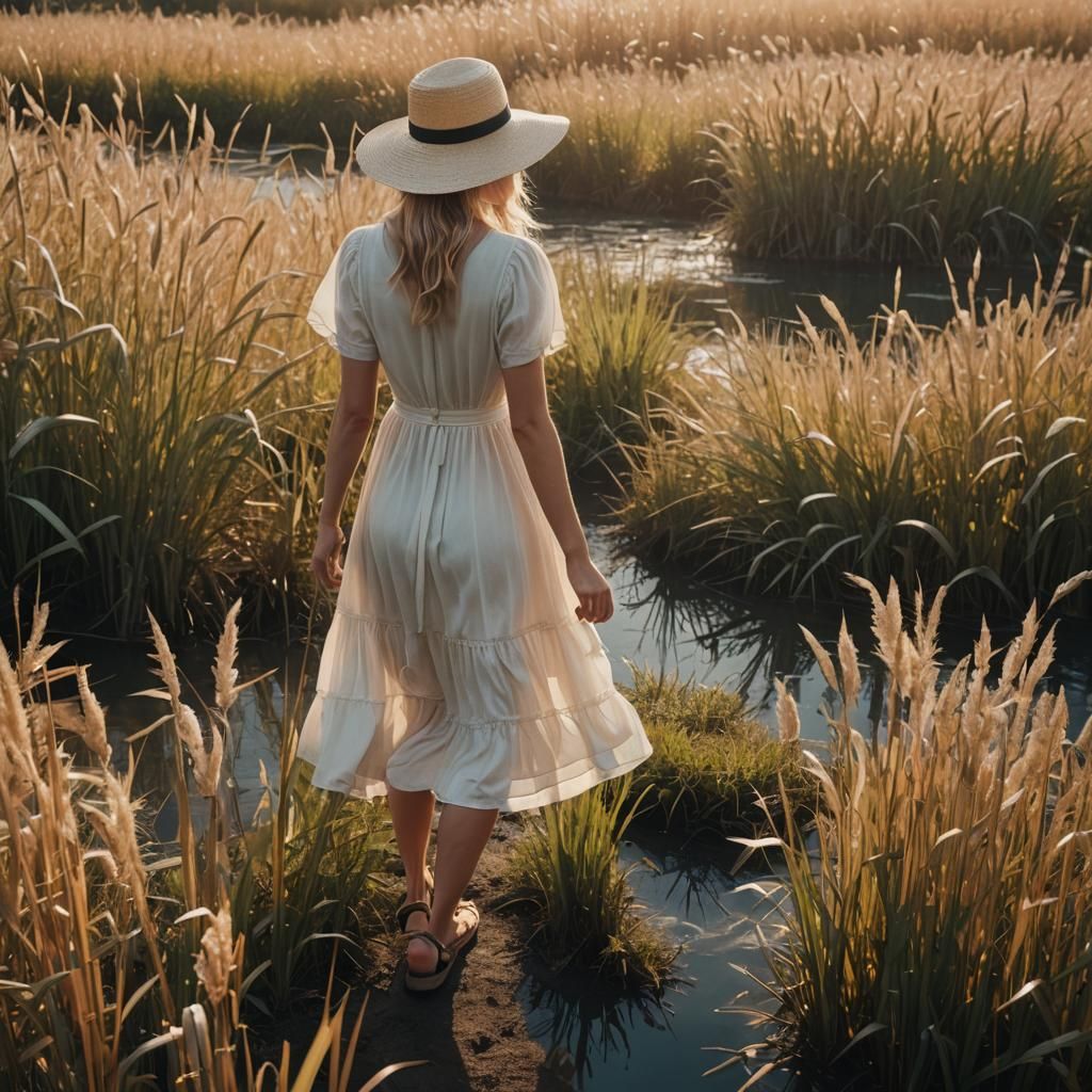 Girl in White Dress Walking Through Reeds