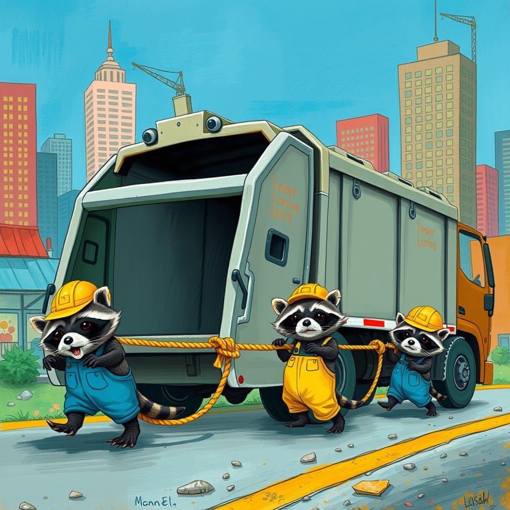 Raccoons Pulling Garbage Truck in Whimsical Style