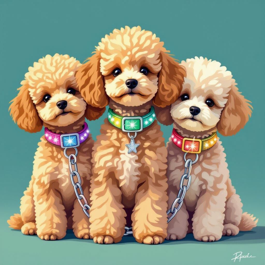 Toy Poodles with Sparkly Collars in Futuristic Style
