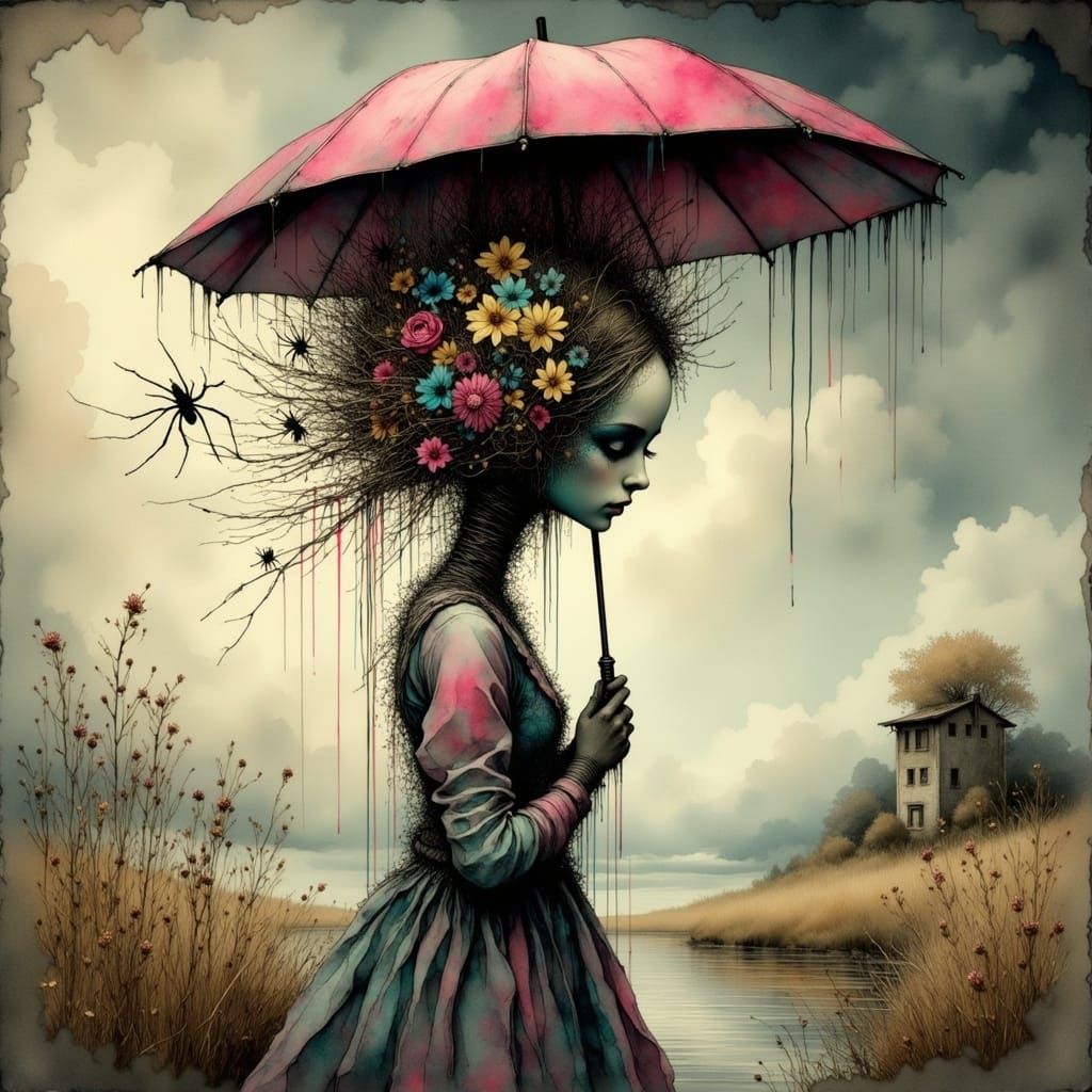 Girl in a Surreal Landscape with Wires and Spiders, Digital...