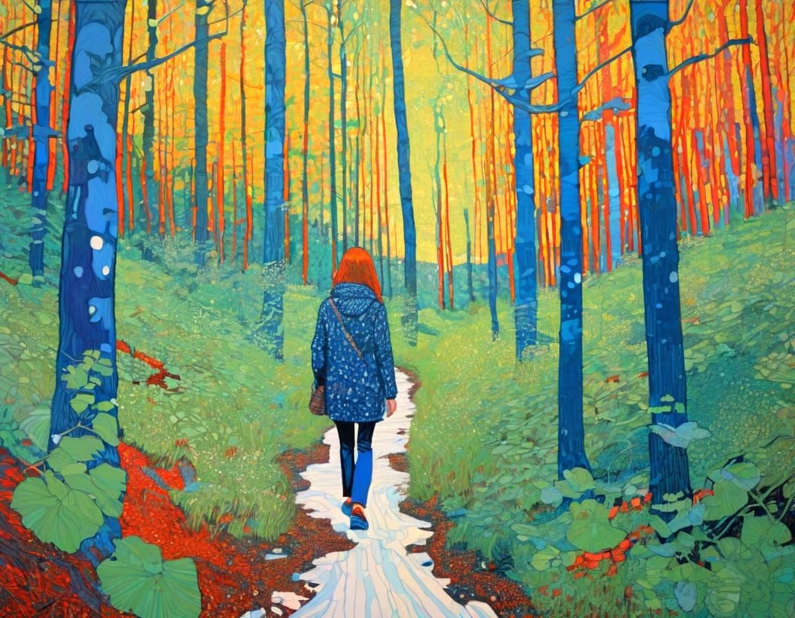 Woman Walks Through Woods in Expressive, Bold Style