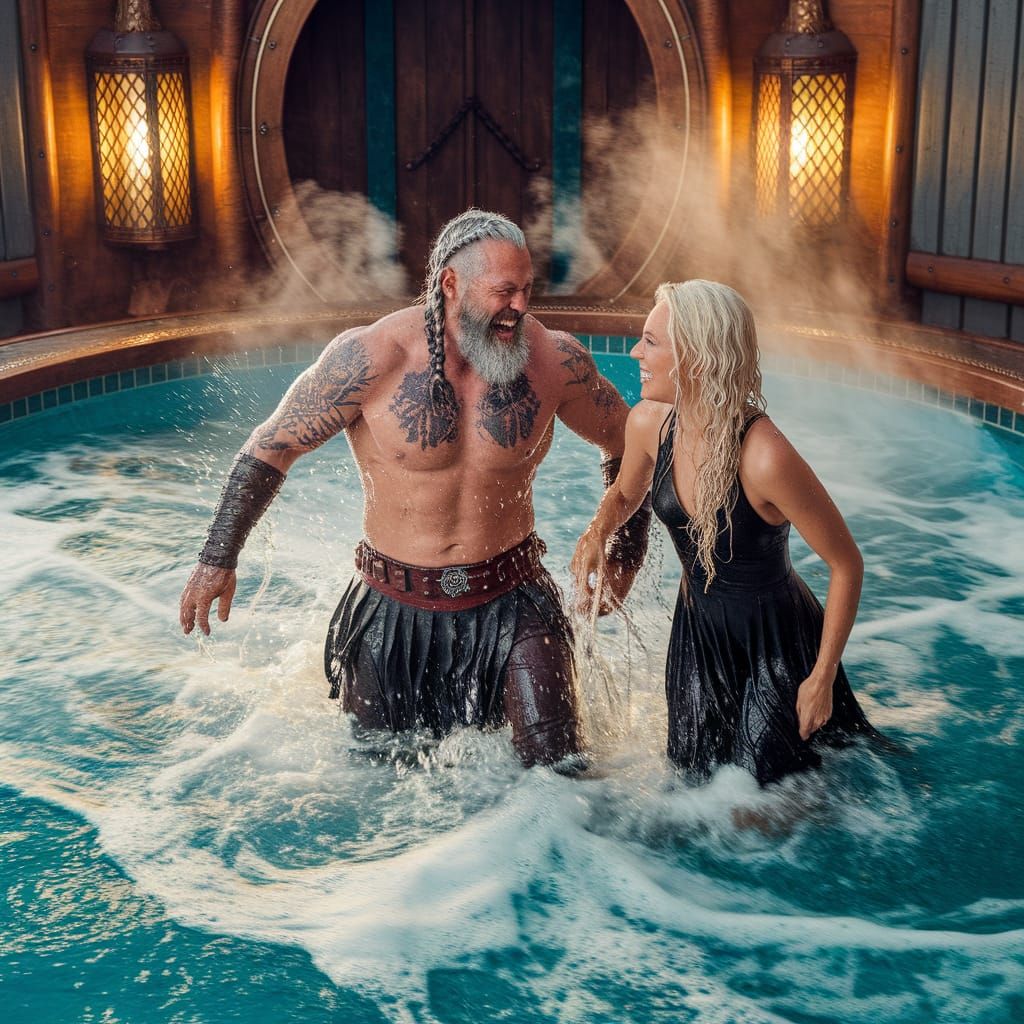 Viking's Joyous Soak in Steaming Ship Pool